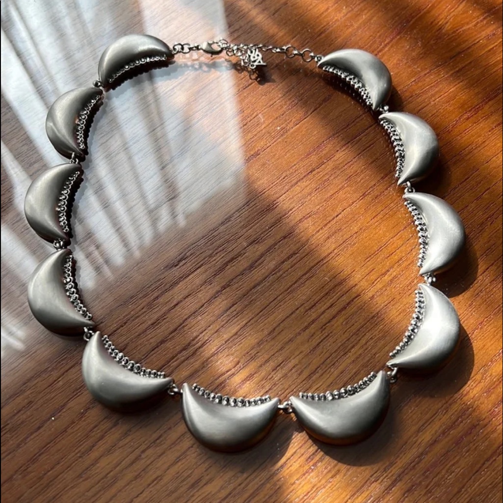 New Abs Allen Schwartz Necklace Scallop Statement Crystals Pave Silver Crescent